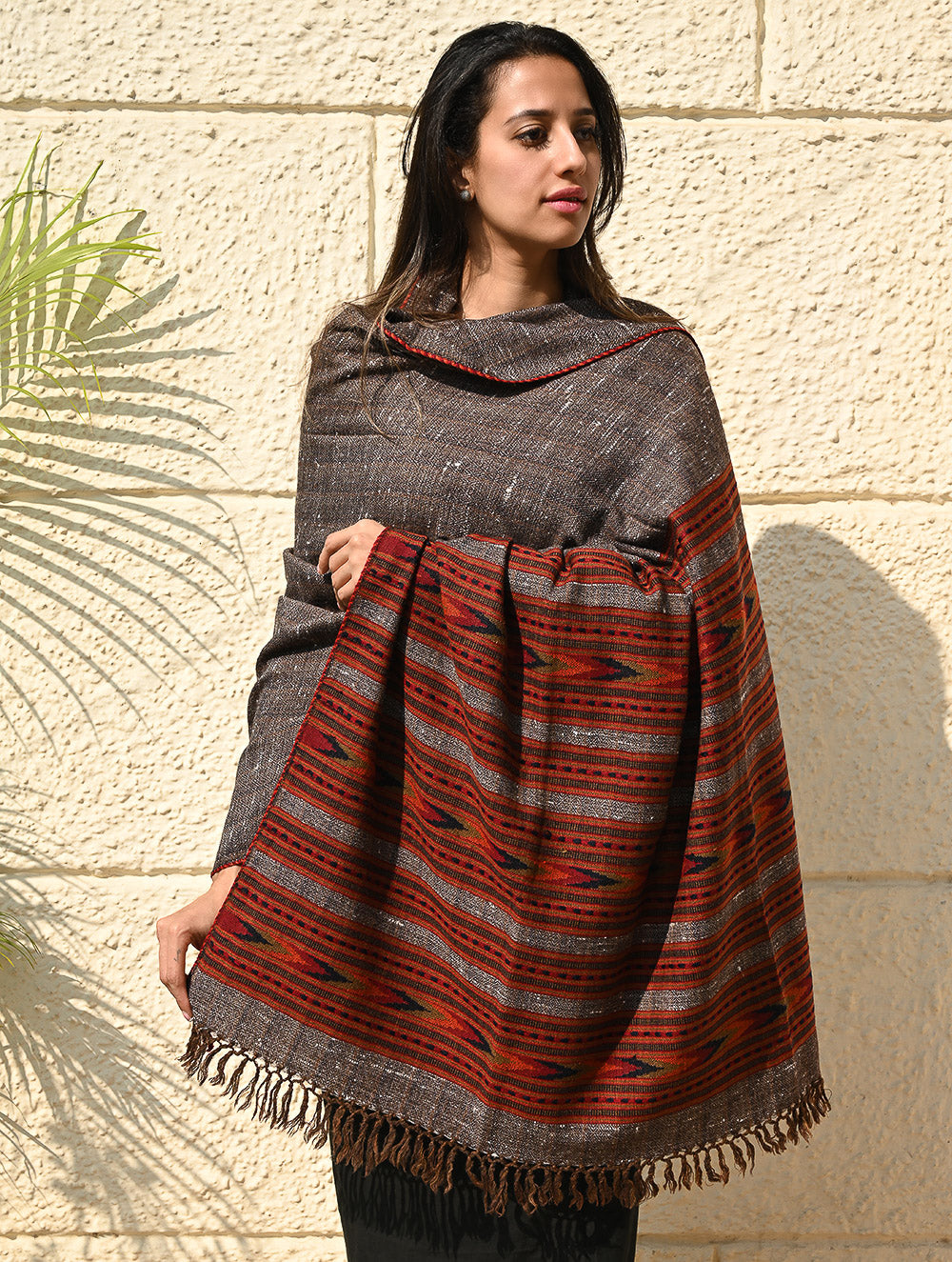 Load image into Gallery viewer, Fine, Soft Himachal Self Striped Wool Shawl - 3 Panels, Earthbound