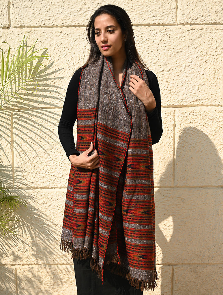 Fine, Soft Himachal Self Striped Wool Shawl - 3 Panels, Earthbound