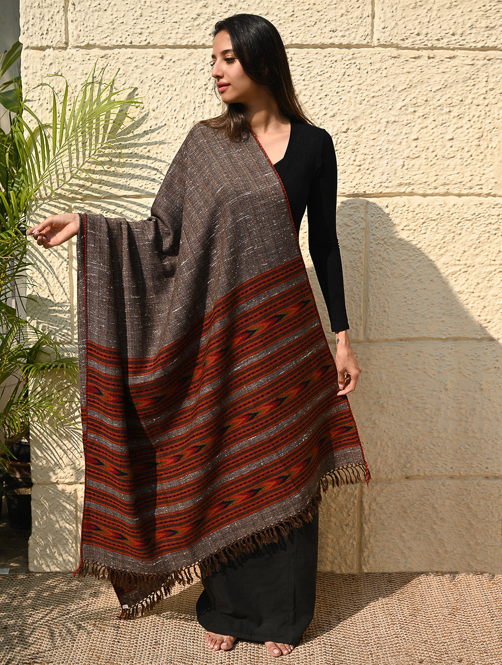 Load image into Gallery viewer, Fine, Soft Himachal Self Striped Wool Shawl - 3 Panels, Earthbound