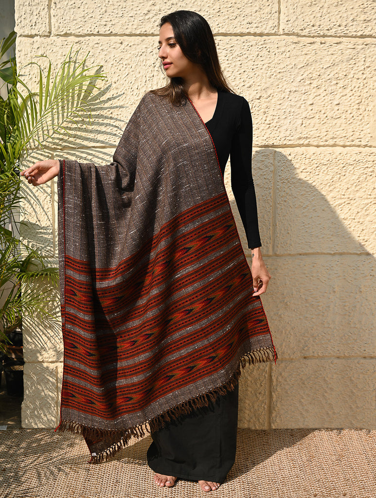 Fine, Soft Himachal Self Striped Wool Shawl - 3 Panels, Earthbound