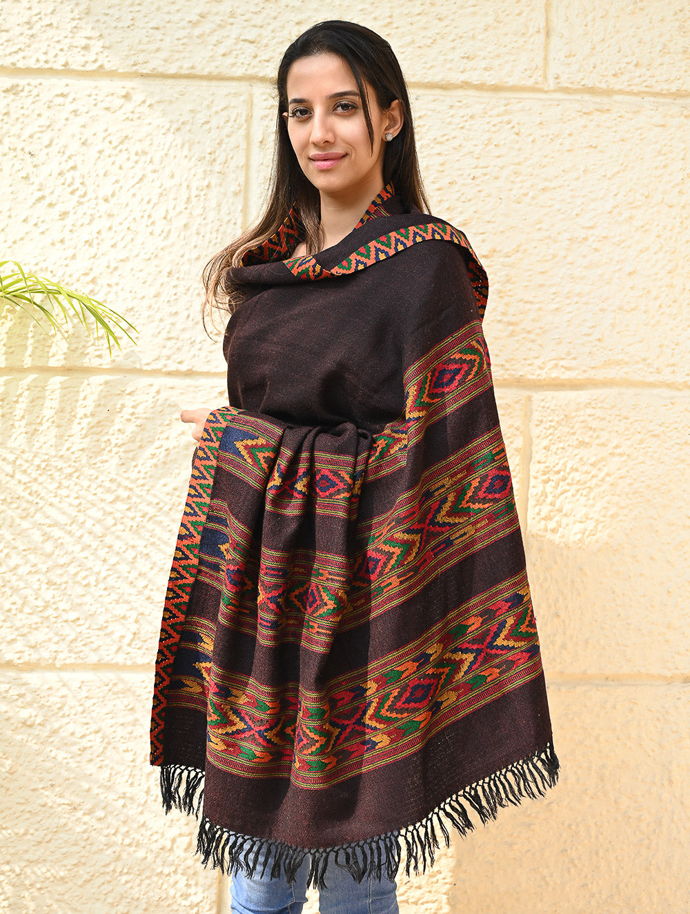 Load image into Gallery viewer, Fine, Soft Himachal Self Striped Wool Shawl - 3 Panels, Spiced Cacao