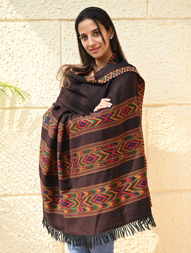 Fine, Soft Himachal Self Striped Wool Shawl - 3 Panels, Spiced Cacao