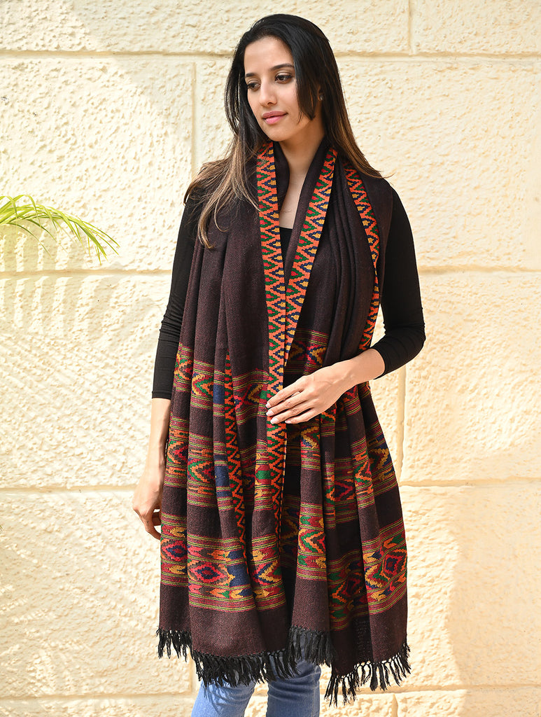 Fine, Soft Himachal Self Striped Wool Shawl - 3 Panels, Spiced Cacao