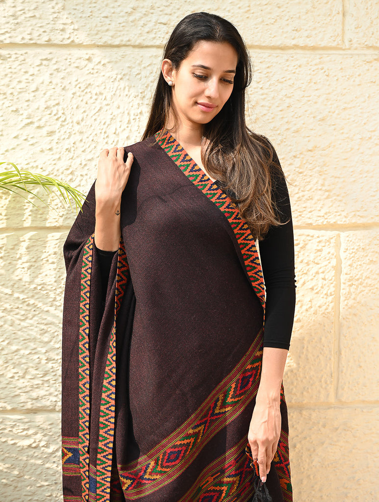 Fine, Soft Himachal Self Striped Wool Shawl - 3 Panels, Spiced Cacao