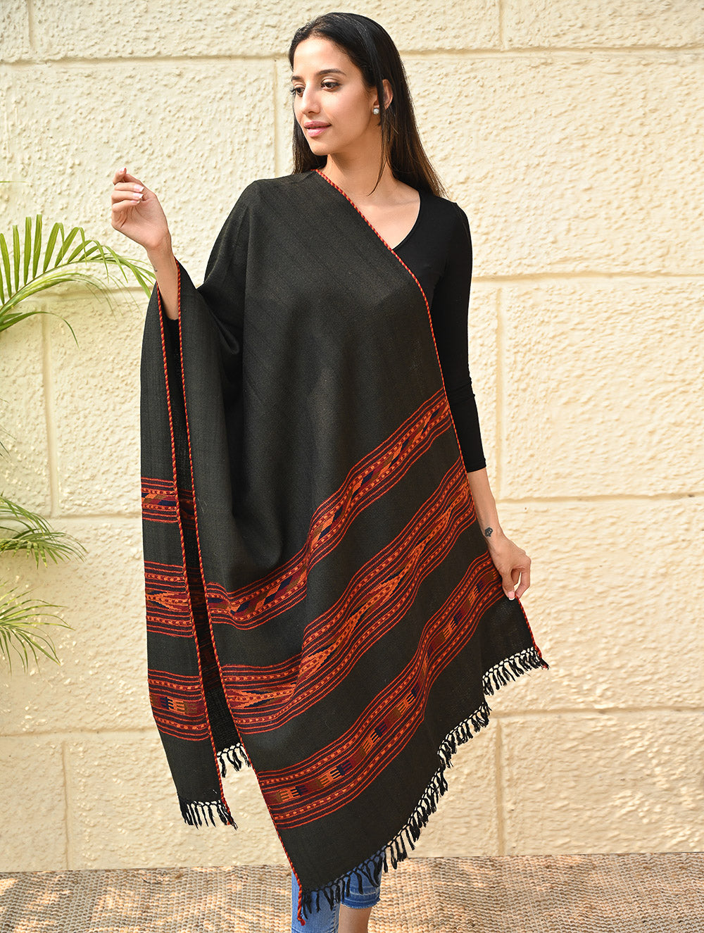 Load image into Gallery viewer, Fine, Soft Himachal Self Striped Wool Shawl - 3 Panels, TeaTree