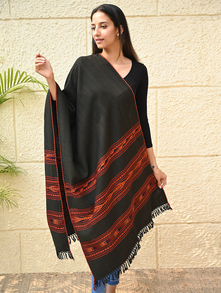 Fine, Soft Himachal Self Striped Wool Shawl - 3 Panels, TeaTree