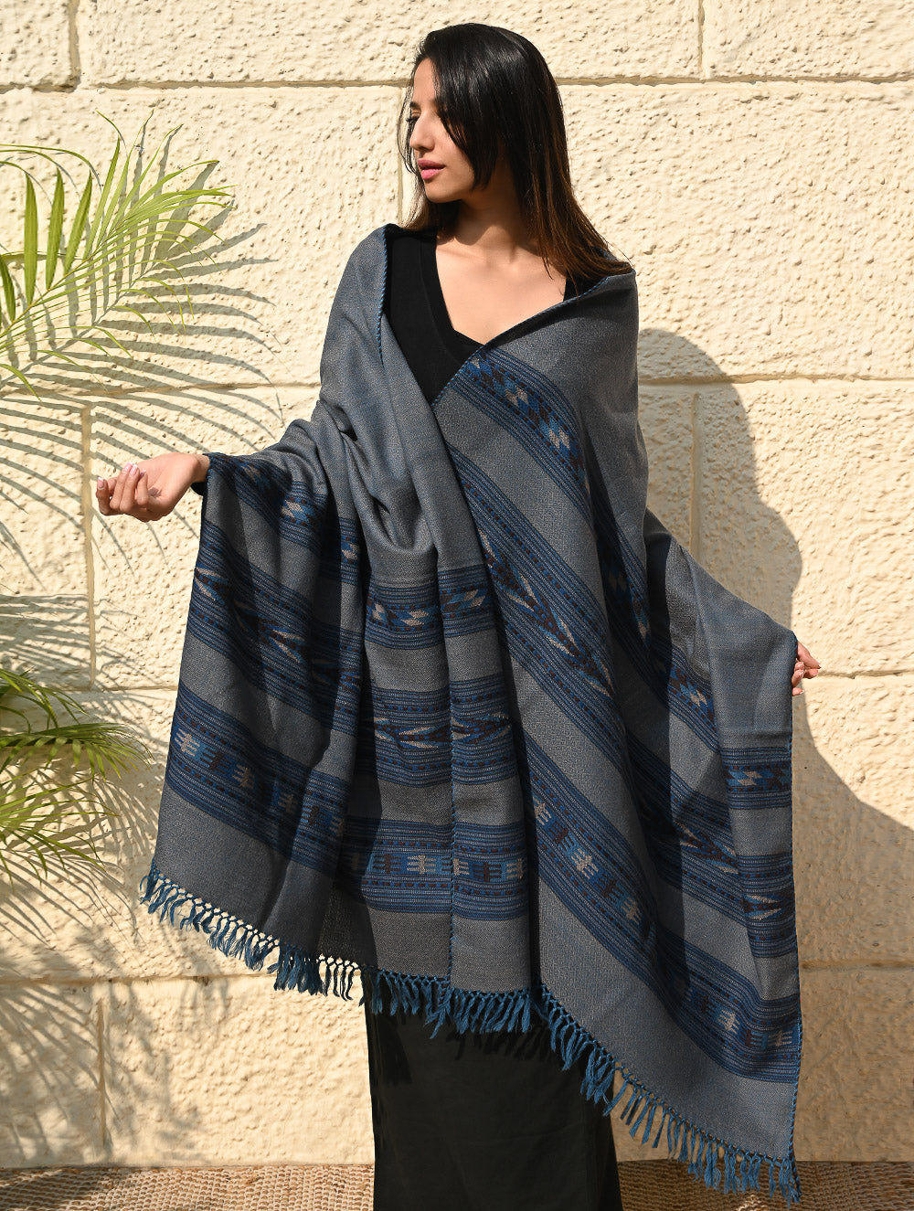 Load image into Gallery viewer, Fine, Soft Himachal Self Striped Wool Shawl - 3 Panels, Dune Sapphire