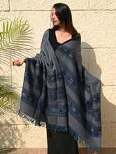 Load image into Gallery viewer, Fine, Soft Himachal Self Striped Wool Shawl - 3 Panels, Dune Sapphire