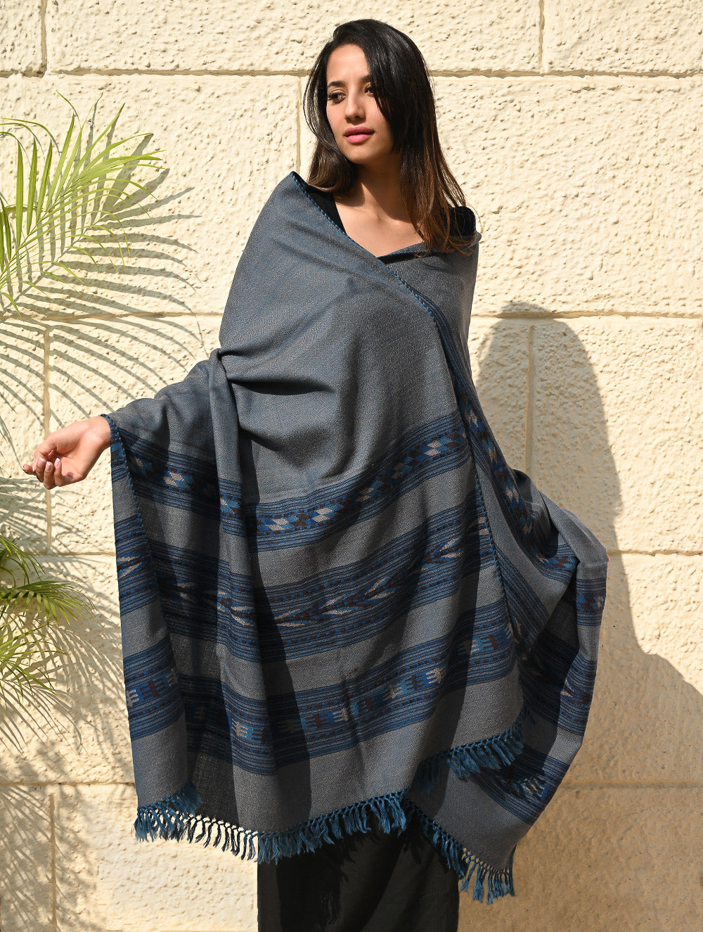 Load image into Gallery viewer, Fine, Soft Himachal Self Striped Wool Shawl - 3 Panels, Dune Sapphire