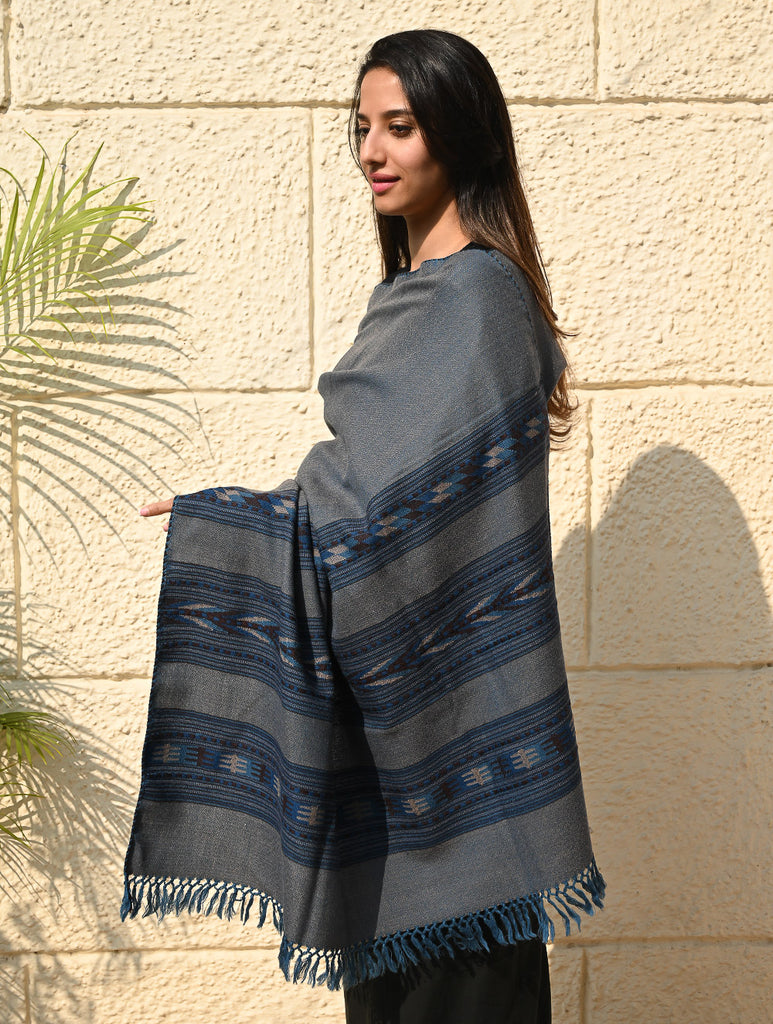 Fine, Soft Himachal Self Striped Wool Shawl - 3 Panels, Dune Sapphire