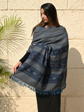 Load image into Gallery viewer, Fine, Soft Himachal Self Striped Wool Shawl - 3 Panels, Dune Sapphire