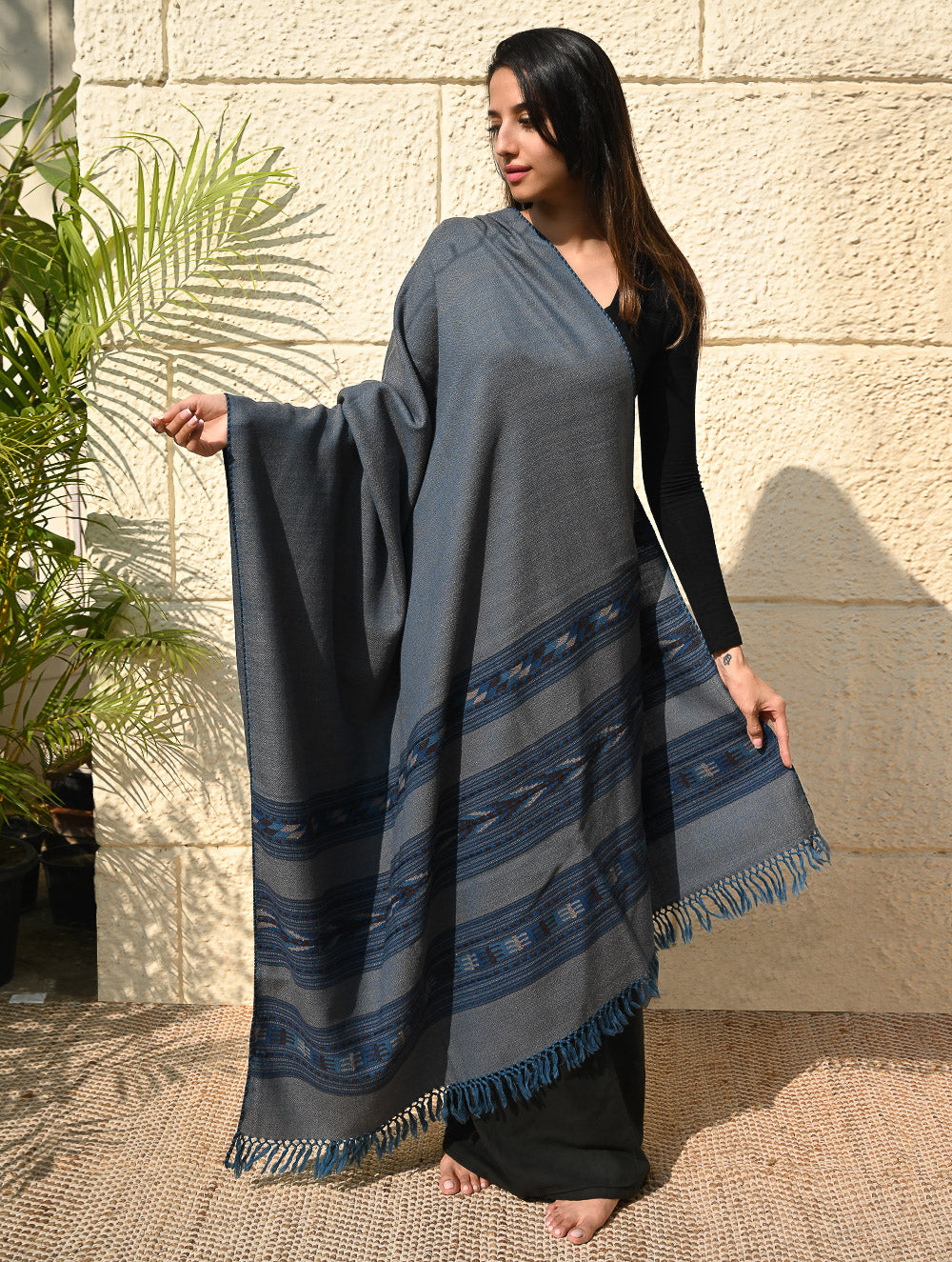 Load image into Gallery viewer, Fine, Soft Himachal Self Striped Wool Shawl - 3 Panels, Dune Sapphire