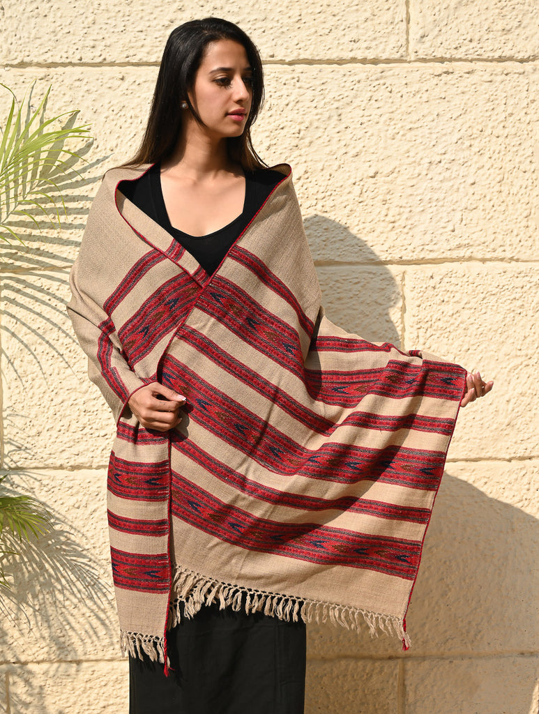 Fine, Soft Himachal Self Striped Wool Stole - 3 Panels, Camel Beige