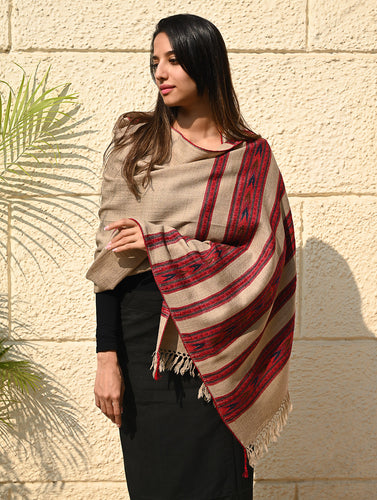 Fine, Soft Himachal Self Striped Wool Stole - 3 Panels, Camel Beige