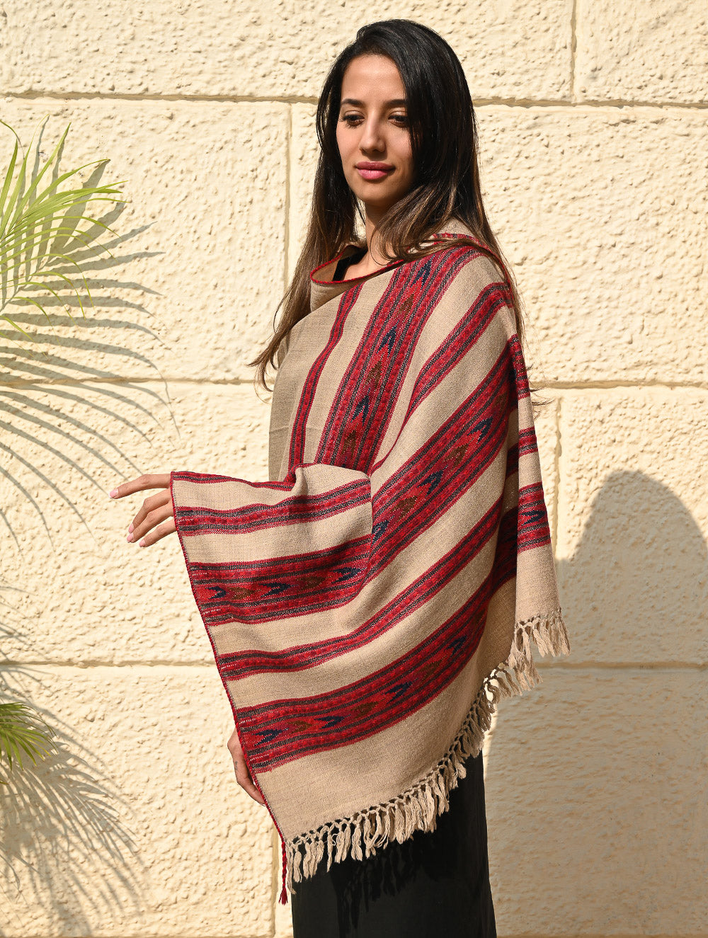Load image into Gallery viewer, Fine, Soft Himachal Self Striped Wool Stole - 3 Panels, Camel Beige