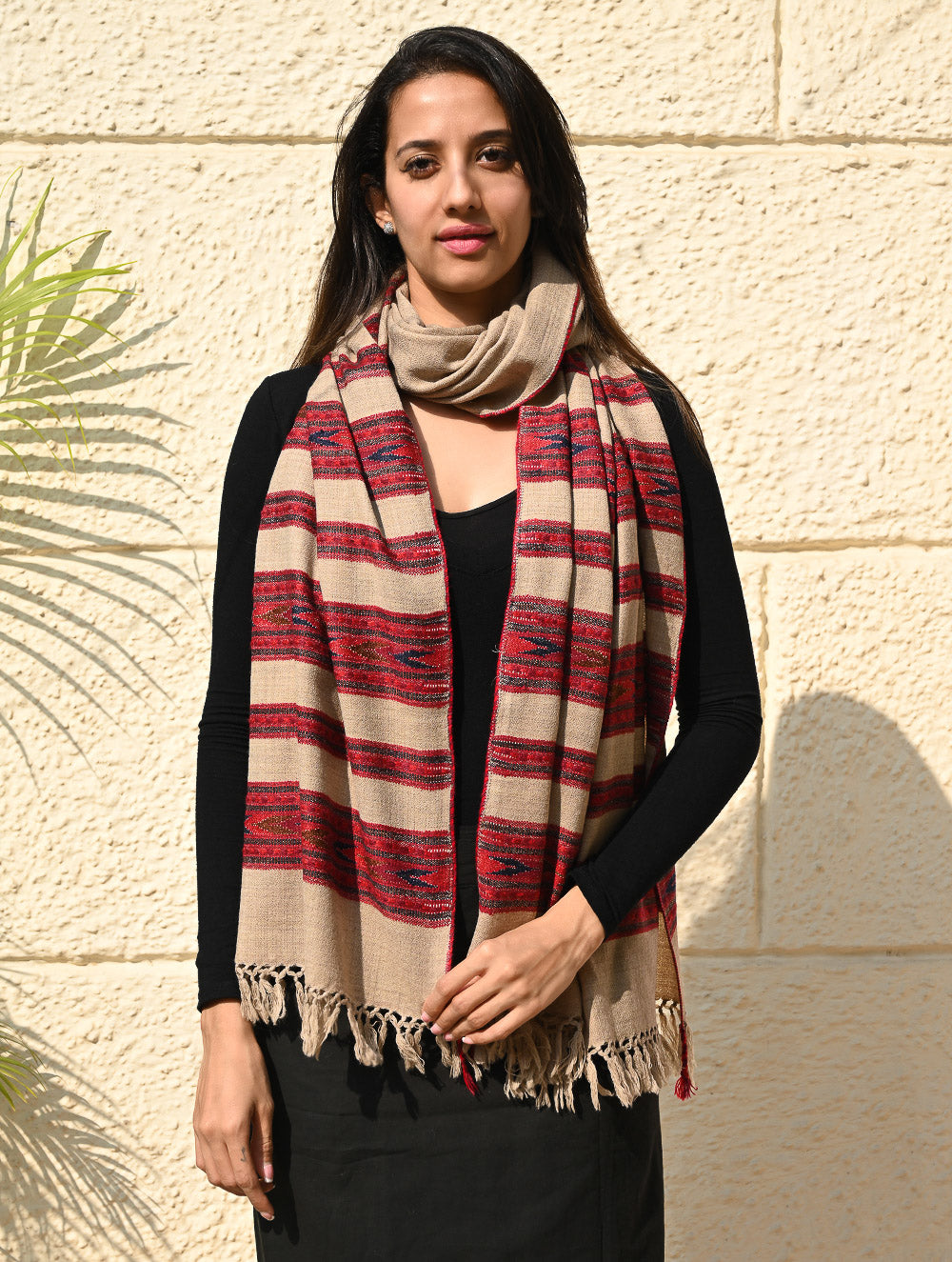 Load image into Gallery viewer, Fine, Soft Himachal Self Striped Wool Stole - 3 Panels, Camel Beige