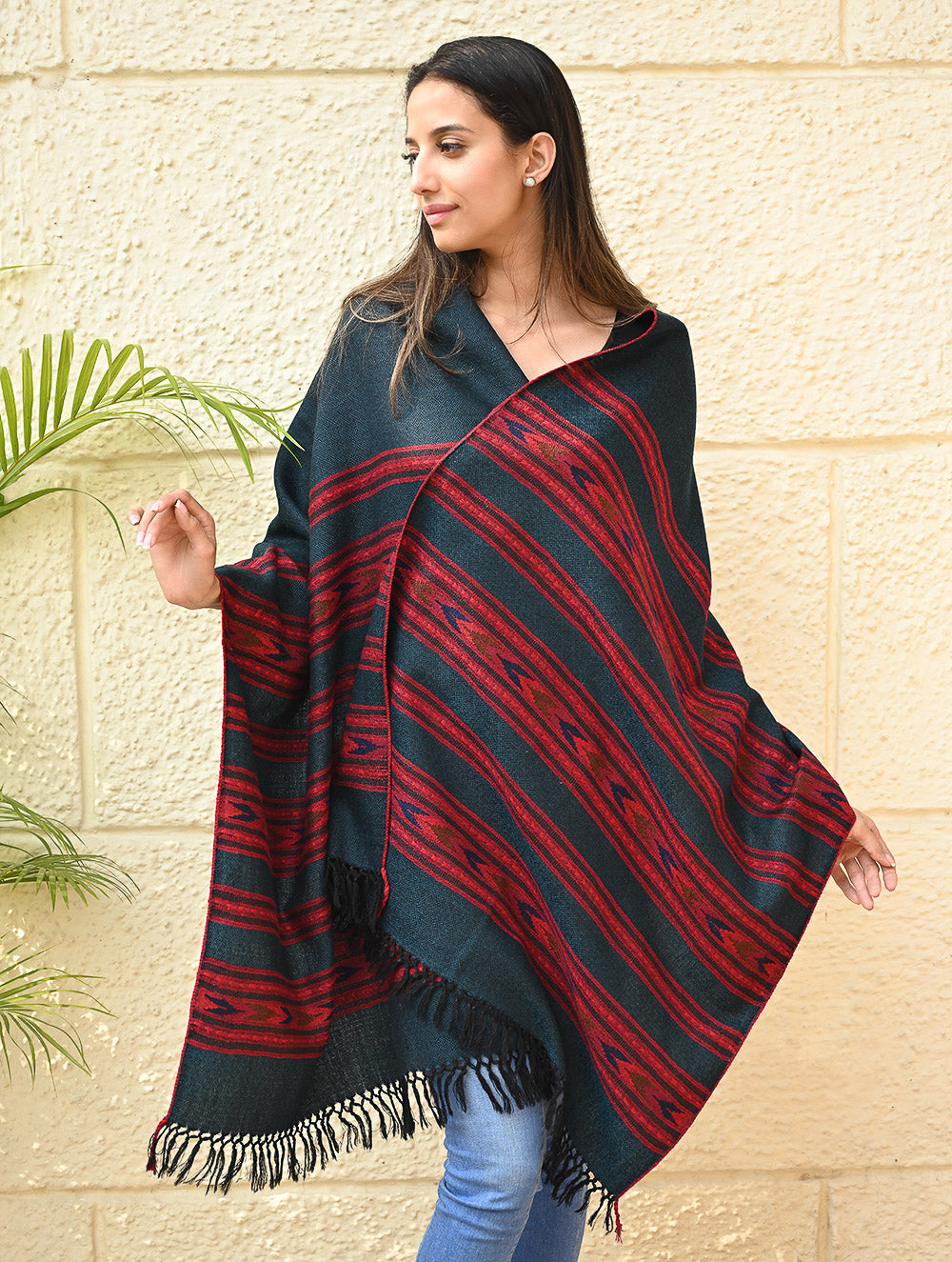 Load image into Gallery viewer, Fine, Soft Himachal Self Striped Wool Stole - 3 Panels, Deep Teal