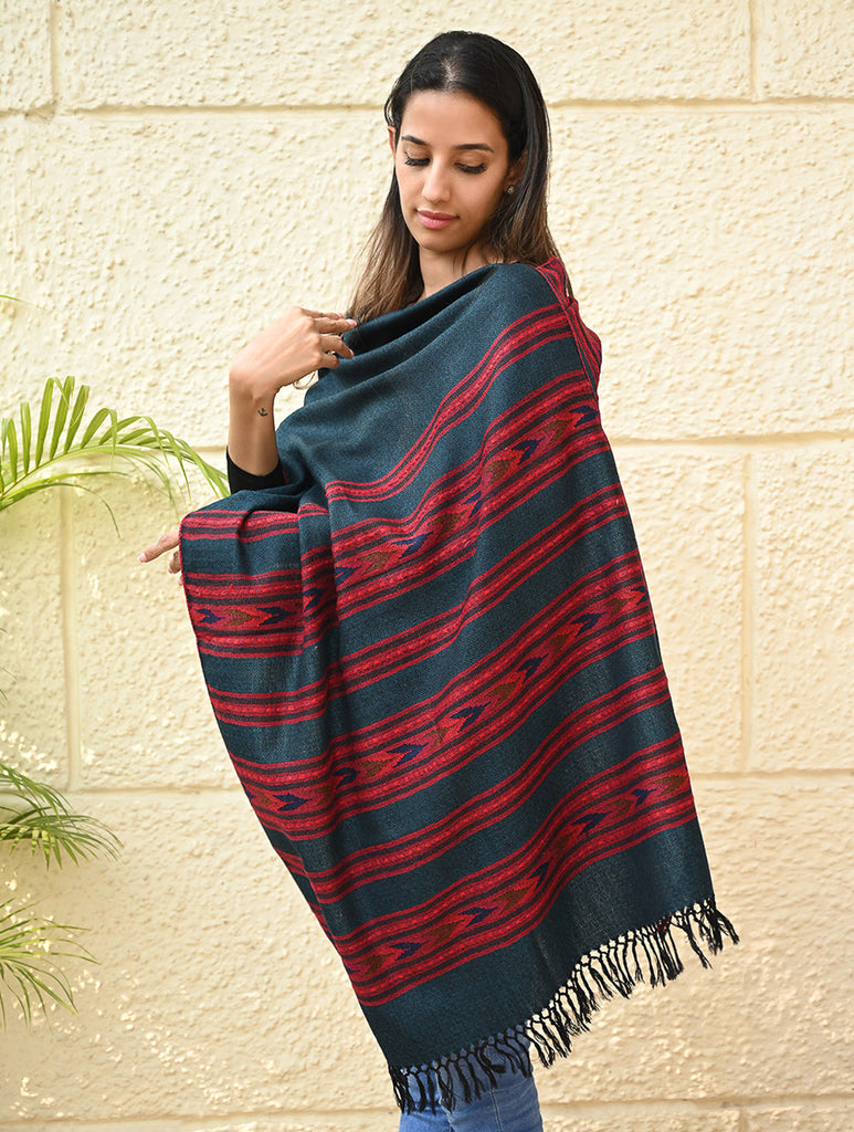 Fine, Soft Himachal Self Striped Wool Stole - 3 Panels, Deep Teal