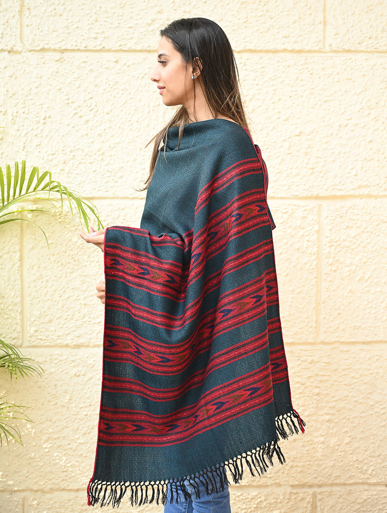 Fine, Soft Himachal Self Striped Wool Stole - 3 Panels, Deep Teal