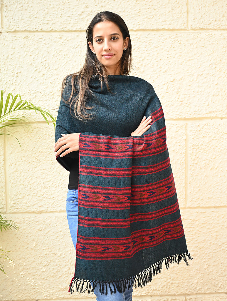 Fine, Soft Himachal Self Striped Wool Stole - 3 Panels, Deep Teal