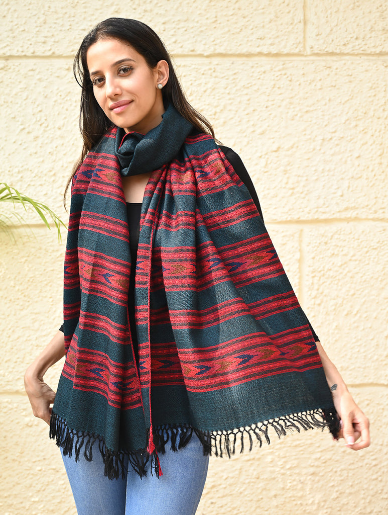 Fine, Soft Himachal Self Striped Wool Stole - 3 Panels, Deep Teal