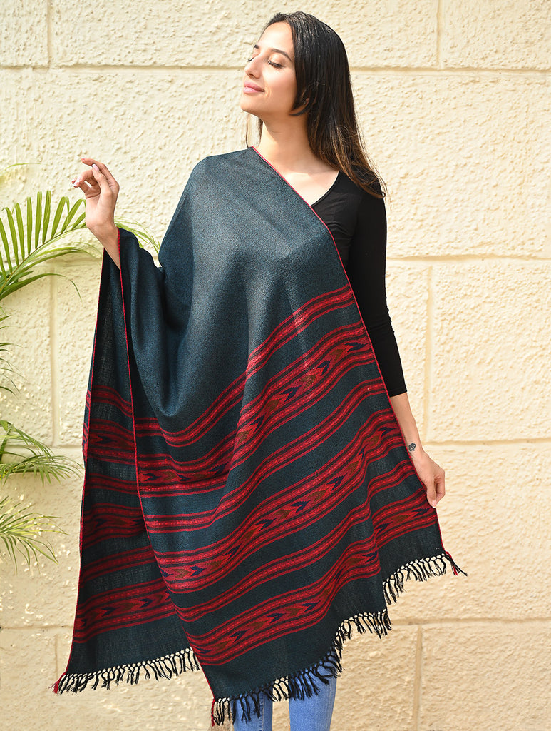 Fine, Soft Himachal Self Striped Wool Stole - 3 Panels, Deep Teal