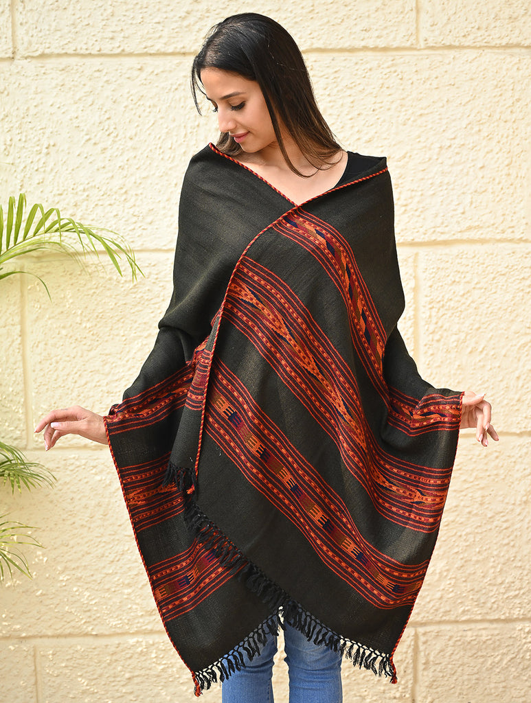 Fine, Soft Himachal Self Striped Wool Stole - 3 Panels, Orange Black