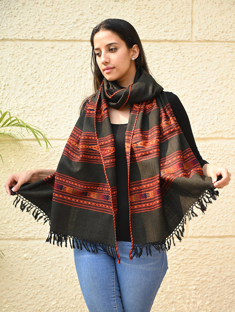 Fine, Soft Himachal Self Striped Wool Stole - 3 Panels, Orange Black