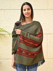 Fine, Soft Himachal Self Striped Wool Stole - 3 Panels, Pine Mist