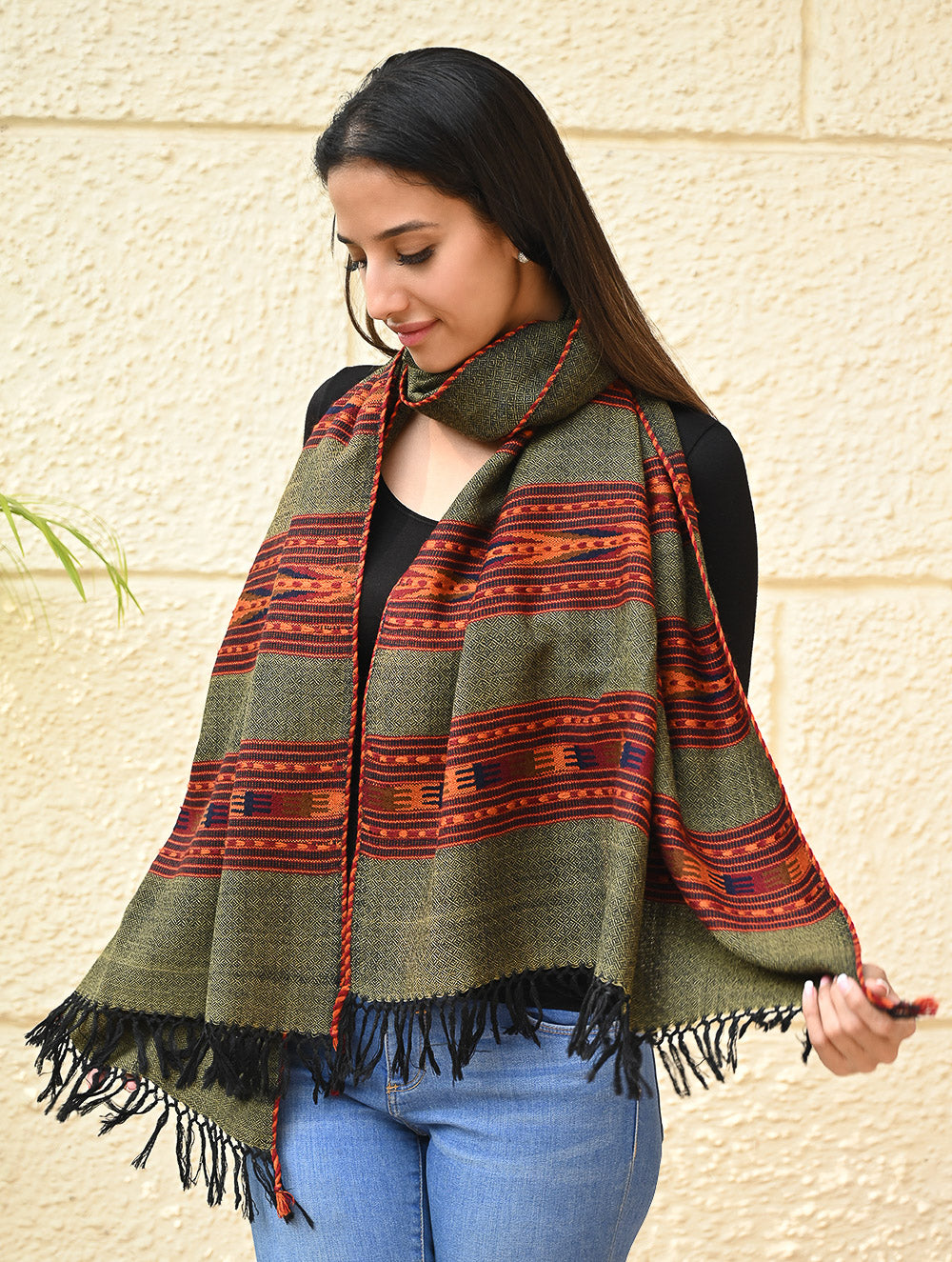 Fine, Soft Himachal Self Striped Wool Stole - 3 Panels, Pine Mist
