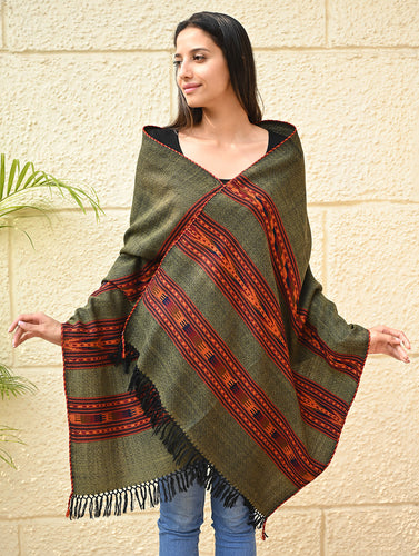 Fine, Soft Himachal Self Striped Wool Stole - 3 Panels, Pine Mist