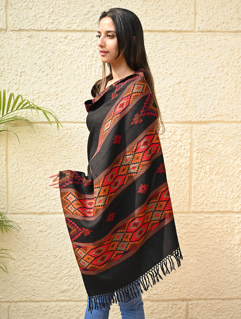 Fine, Soft Himachal Self Striped Wool Stole - 3 Panels, Raven and Rust