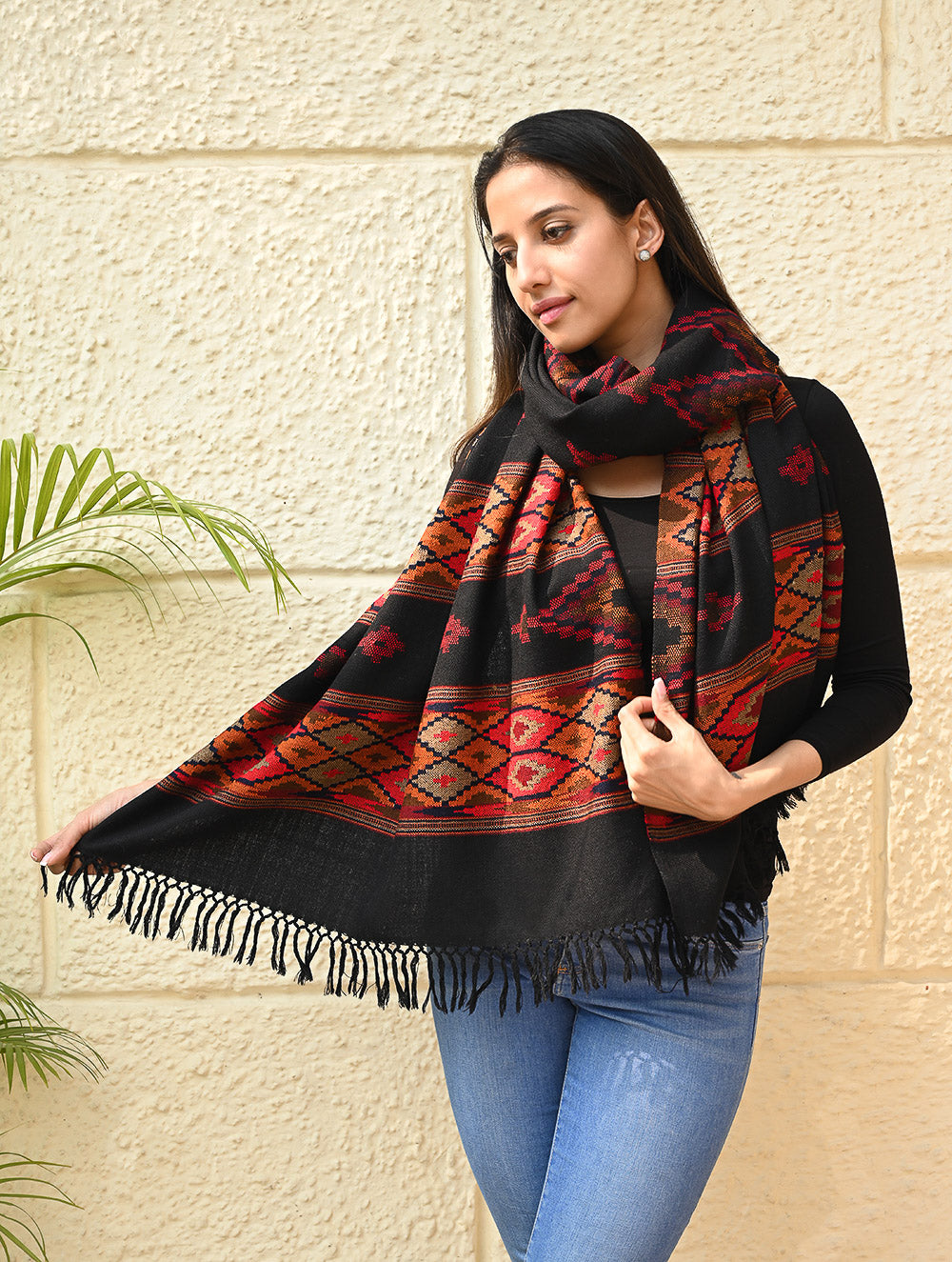 Load image into Gallery viewer, Fine, Soft Himachal Self Striped Wool Stole - 3 Panels, Raven and Rust