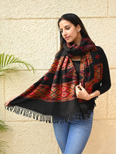 Load image into Gallery viewer, Fine, Soft Himachal Self Striped Wool Stole - 3 Panels, Raven and Rust