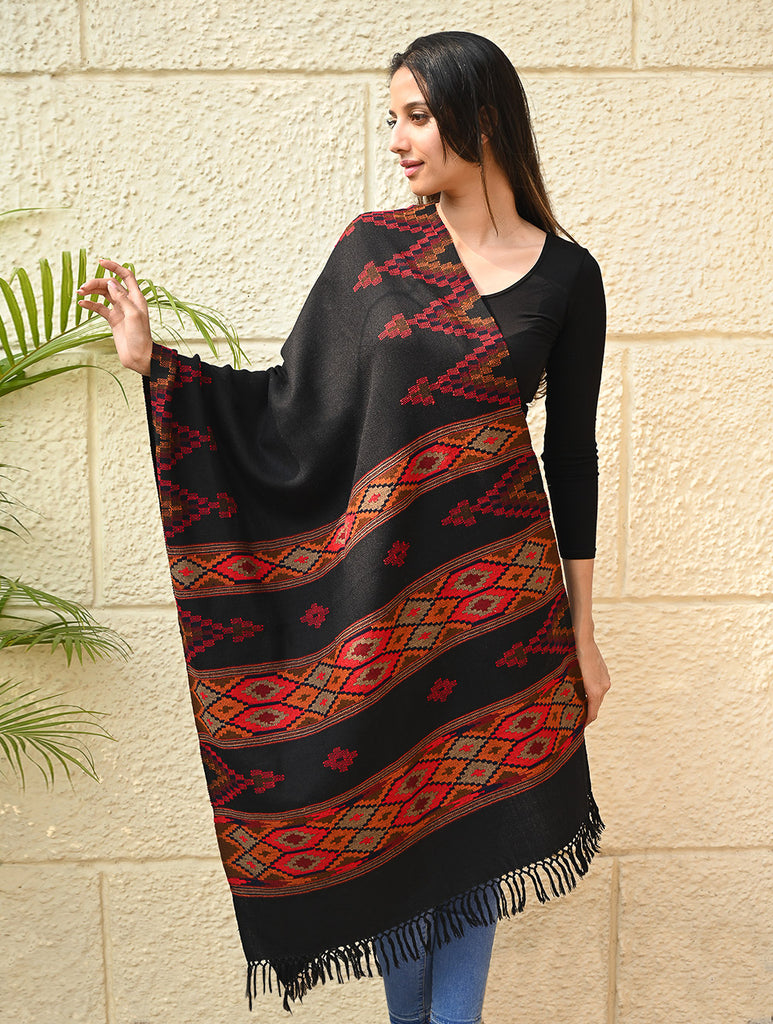 Fine, Soft Himachal Self Striped Wool Stole - 3 Panels, Raven and Rust