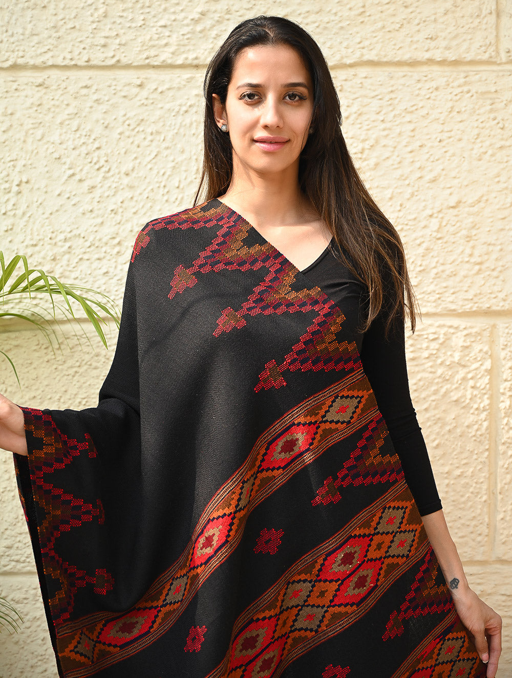 Load image into Gallery viewer, Fine, Soft Himachal Self Striped Wool Stole - 3 Panels, Raven and Rust