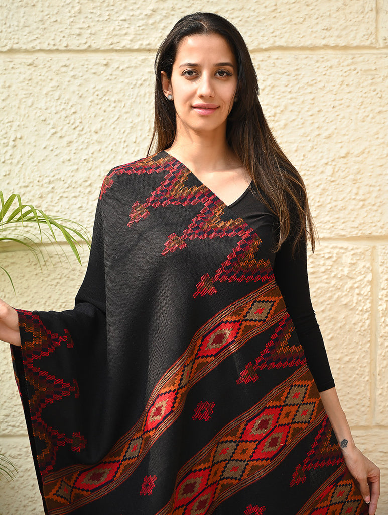 Fine, Soft Himachal Self Striped Wool Stole - 3 Panels, Raven and Rust