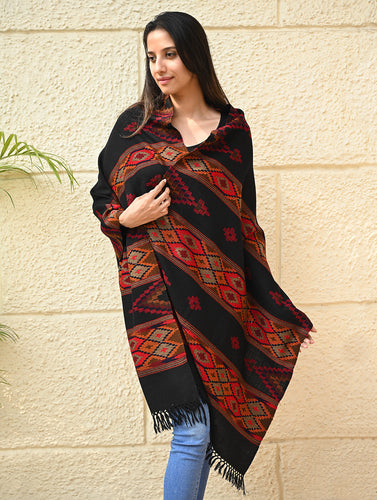 Fine, Soft Himachal Self Striped Wool Stole - 3 Panels, Raven and Rust