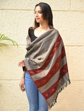 Load image into Gallery viewer, Fine, Soft Himachal Self Striped Wool Stole - 3 Panels, Stone Ember