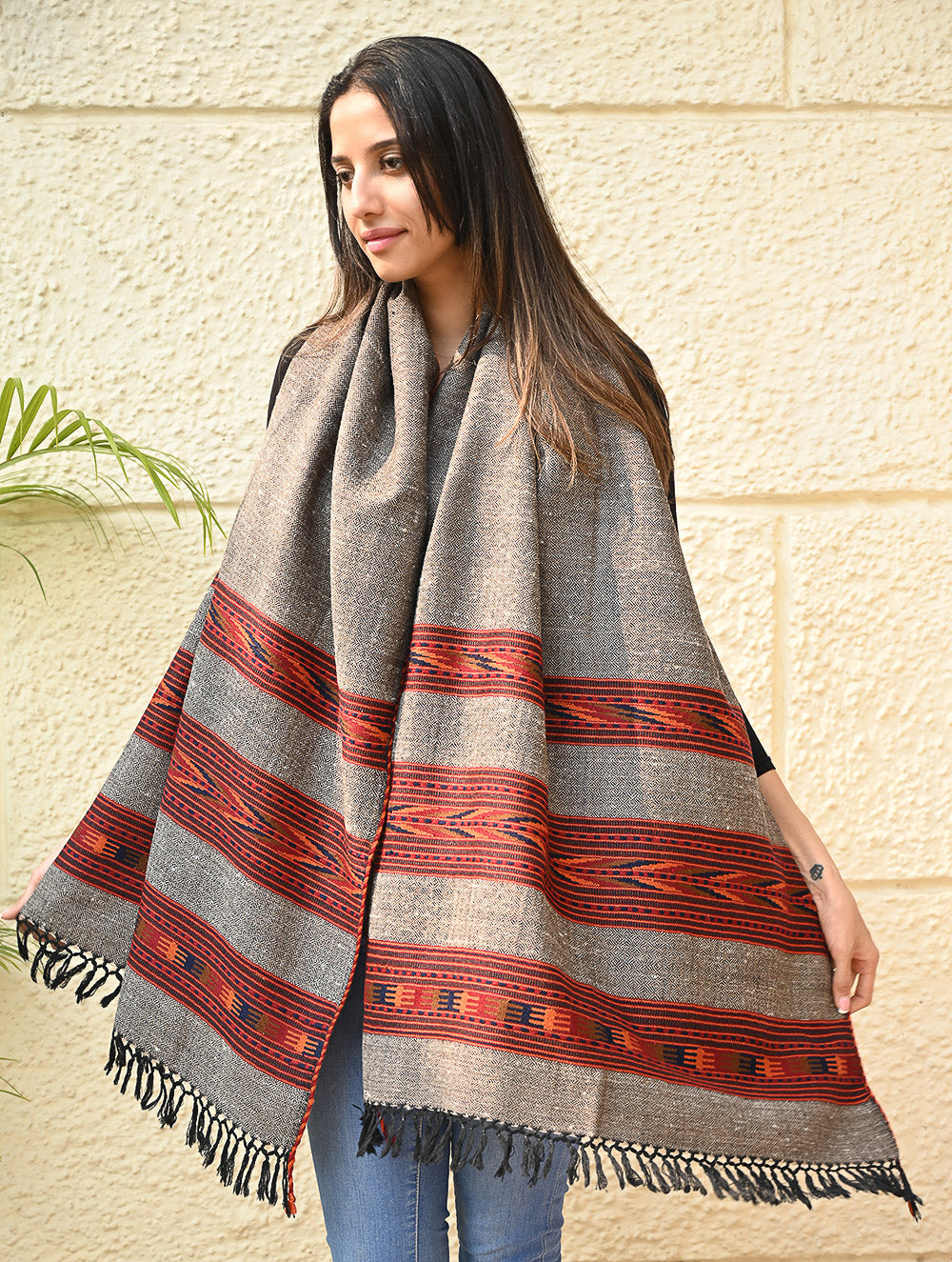 Load image into Gallery viewer, Fine, Soft Himachal Self Striped Wool Stole - 3 Panels, Stone Ember