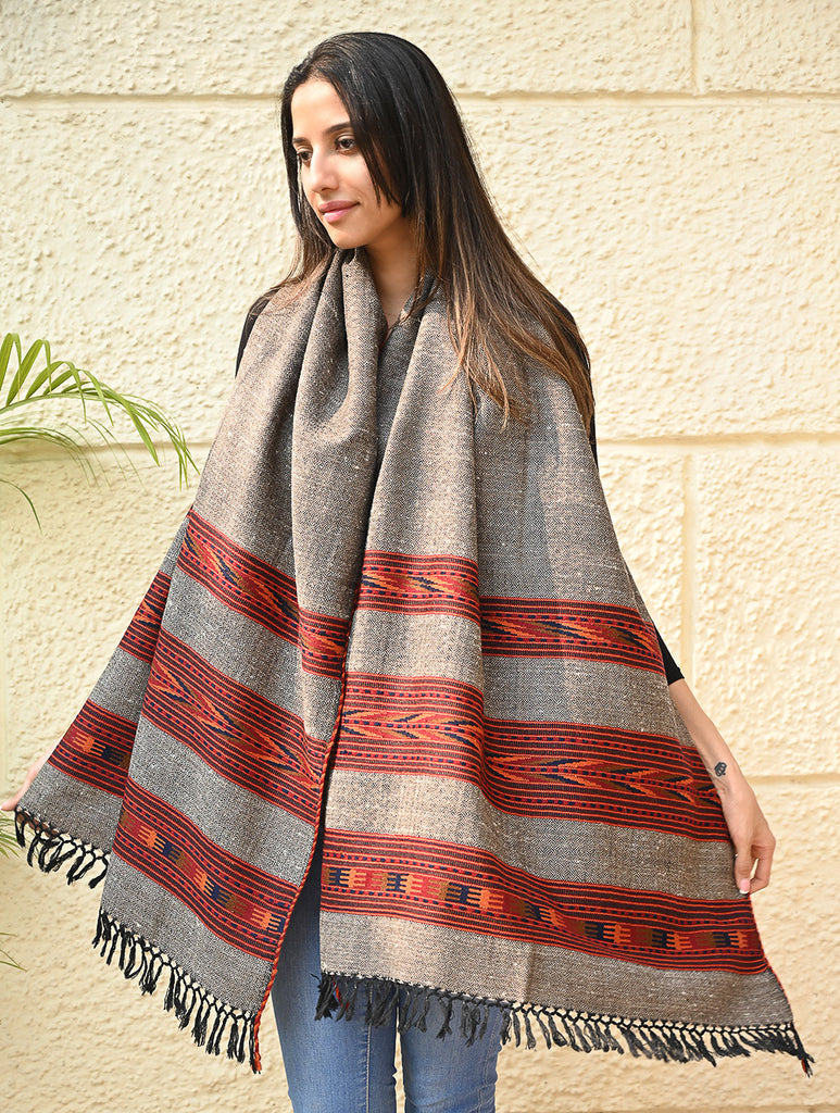 Fine, Soft Himachal Self Striped Wool Stole - 3 Panels, Stone Ember