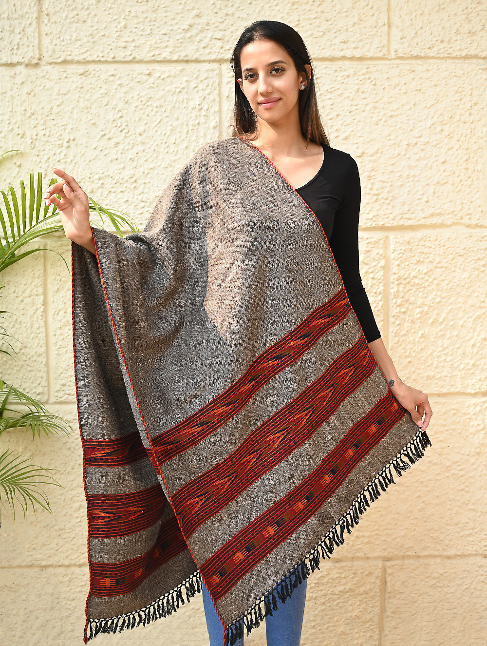 Load image into Gallery viewer, Fine, Soft Himachal Self Striped Wool Stole - 3 Panels, Stone Ember