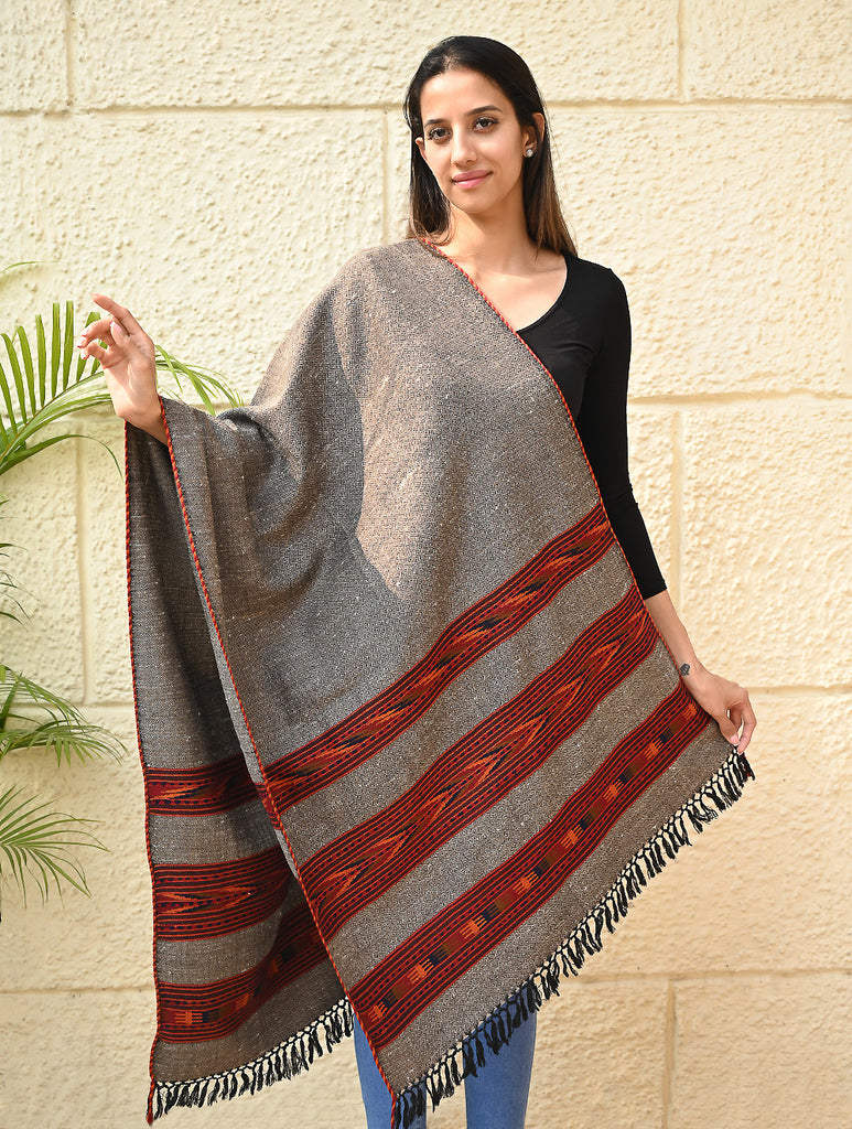 Fine, Soft Himachal Self Striped Wool Stole - 3 Panels, Stone Ember