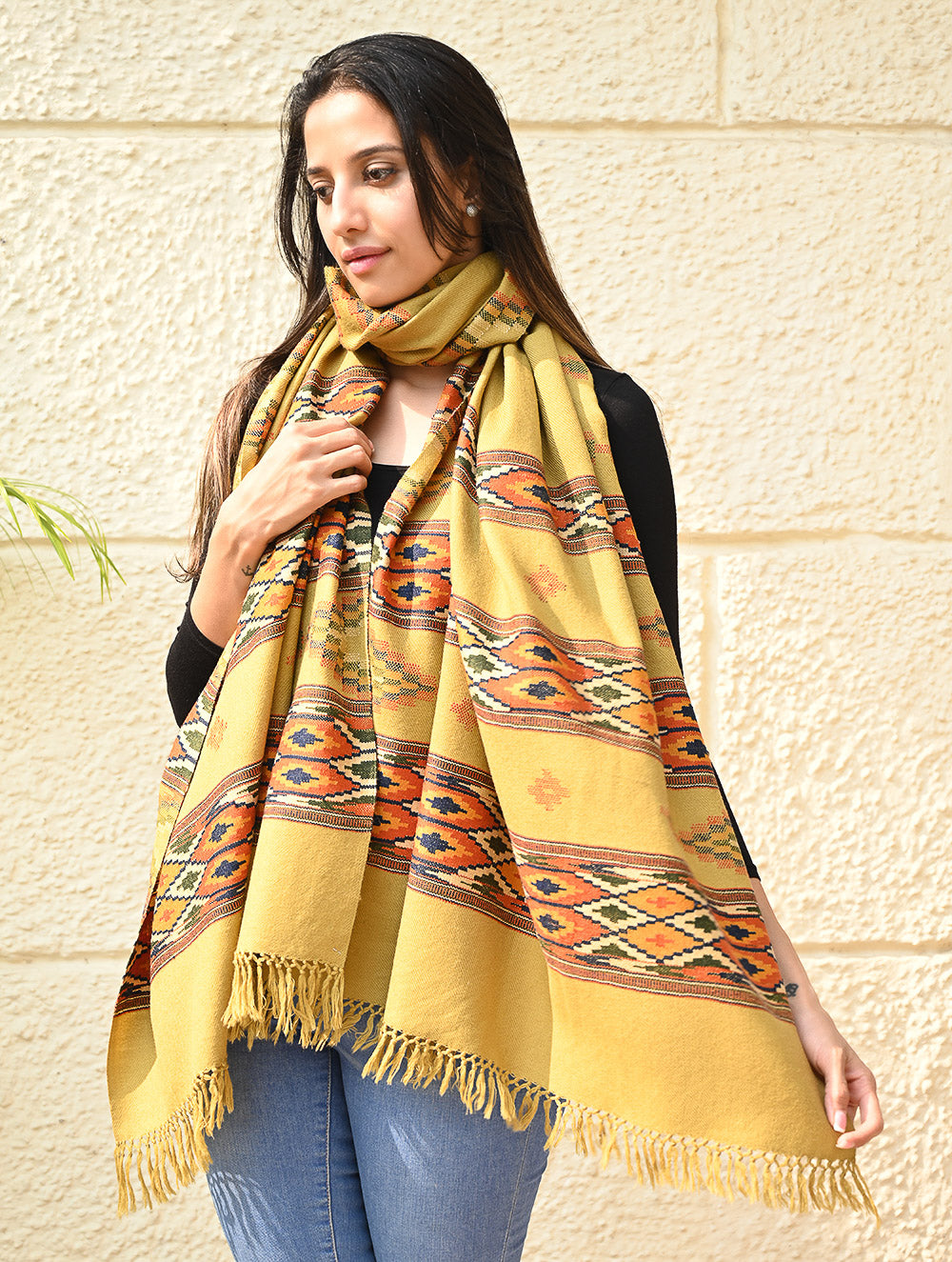Load image into Gallery viewer, Fine, Soft Himachal Self Striped Wool Stole - 3 Panels, Sun Kissed 