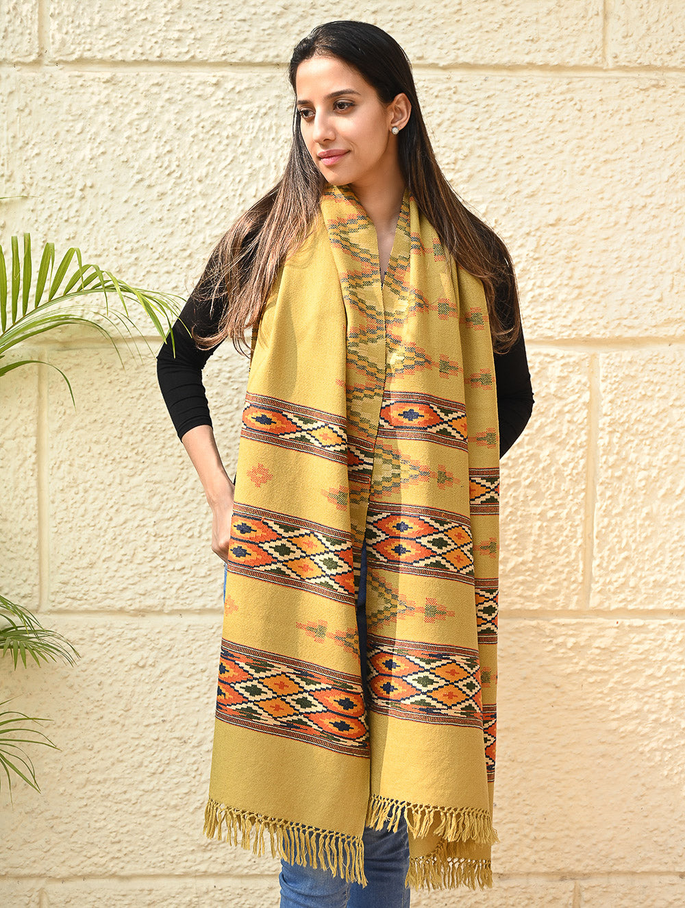 Load image into Gallery viewer, Fine, Soft Himachal Self Striped Wool Stole - 3 Panels, Sun Kissed 