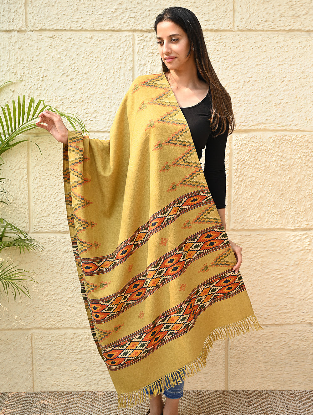 Load image into Gallery viewer, Fine, Soft Himachal Self Striped Wool Stole - 3 Panels, Sun Kissed 