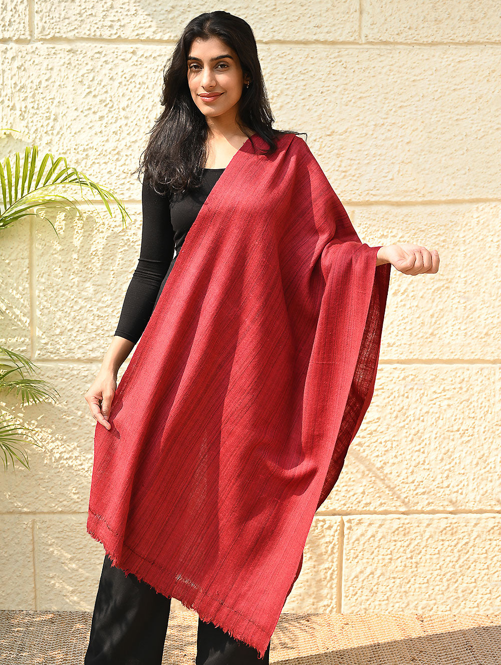 Load image into Gallery viewer, Fine, Soft Himachal Wool Self Striped Plain Stole - Crimson Grove