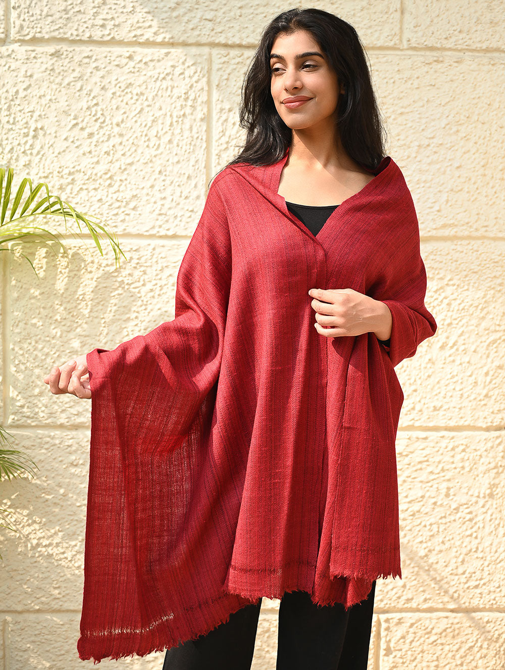 Load image into Gallery viewer, Fine, Soft Himachal Wool Self Striped Plain Stole - Crimson Grove