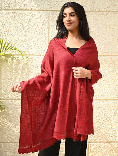 Fine, Soft Himachal Wool Self Striped Plain Stole - Crimson Grove