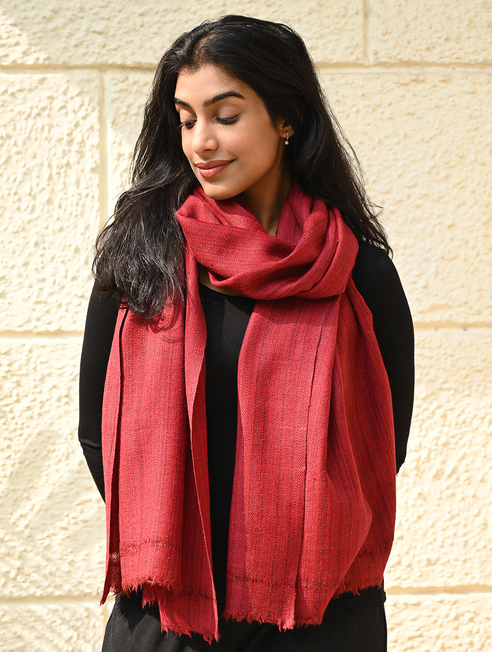 Load image into Gallery viewer, Fine, Soft Himachal Wool Self Striped Plain Stole - Crimson Grove